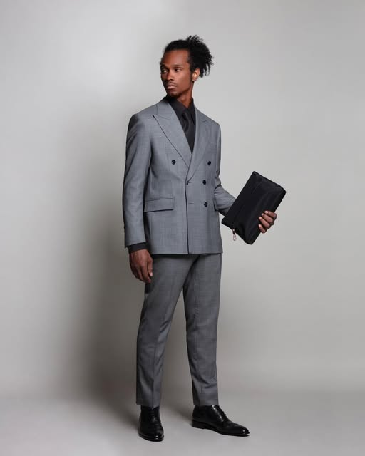 Model in a grey double-breasted suit holding a black portfolio