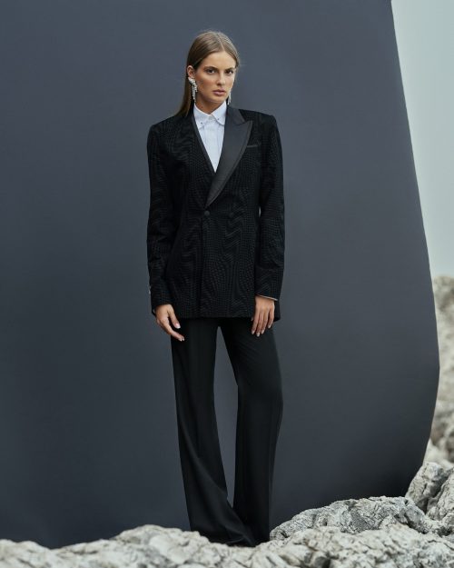 Black velvet wavy tuxedo suit