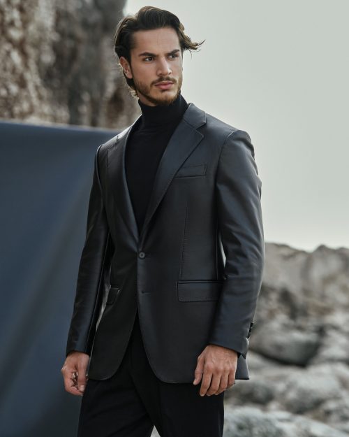 Single breasted leather blazer for men